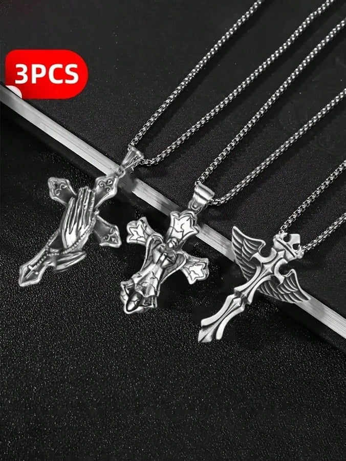 3PCs Men's Stainless Steel Necklace Suit Cross Pendant Necklace Suit Men's Gift Daily Wild Jewelry Suit