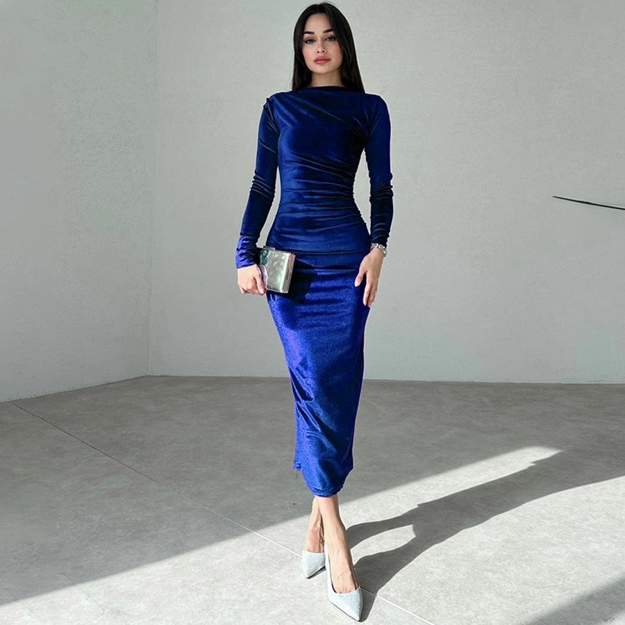 Women's Sheath Dress Casual Boat Neck Long Sleeve Solid Color Maxi Long Dress Daily
