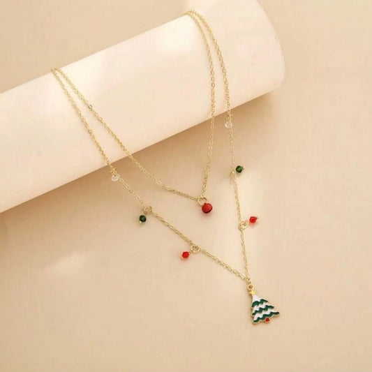 Jewelry Cute Christmas Tree Bell 316 Stainless Steel  Copper Enamel Double Layer Necklaces