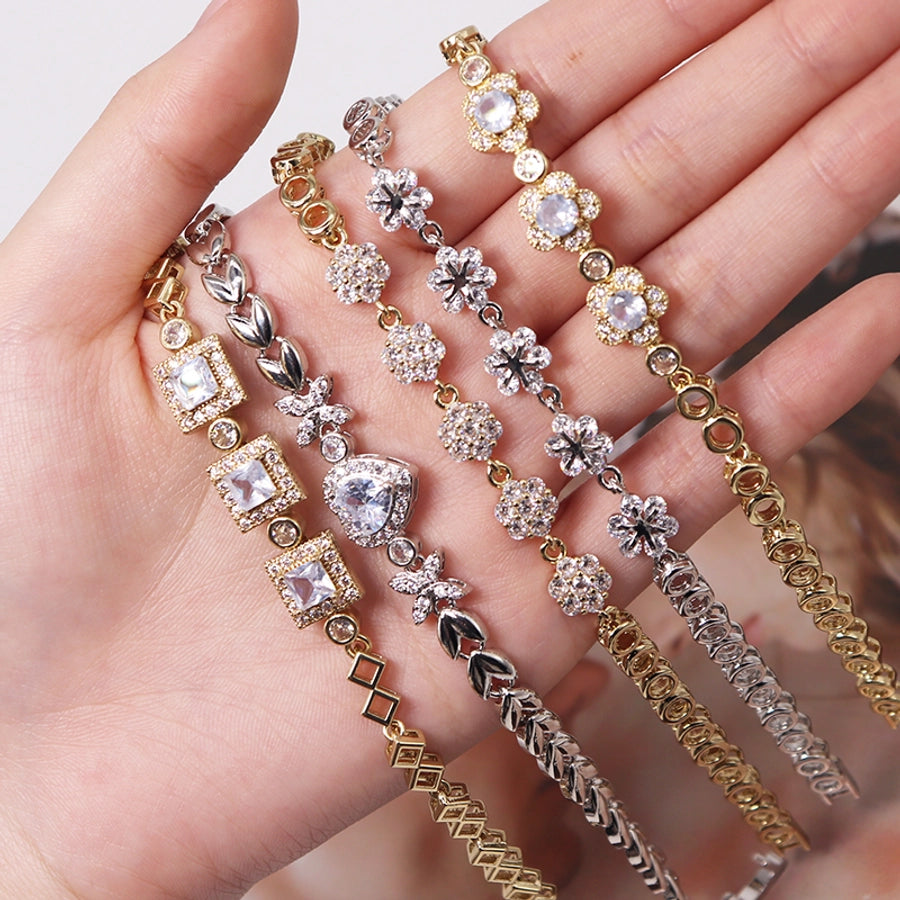 Copper  Heart Shape Flower Zircon Bracelets
