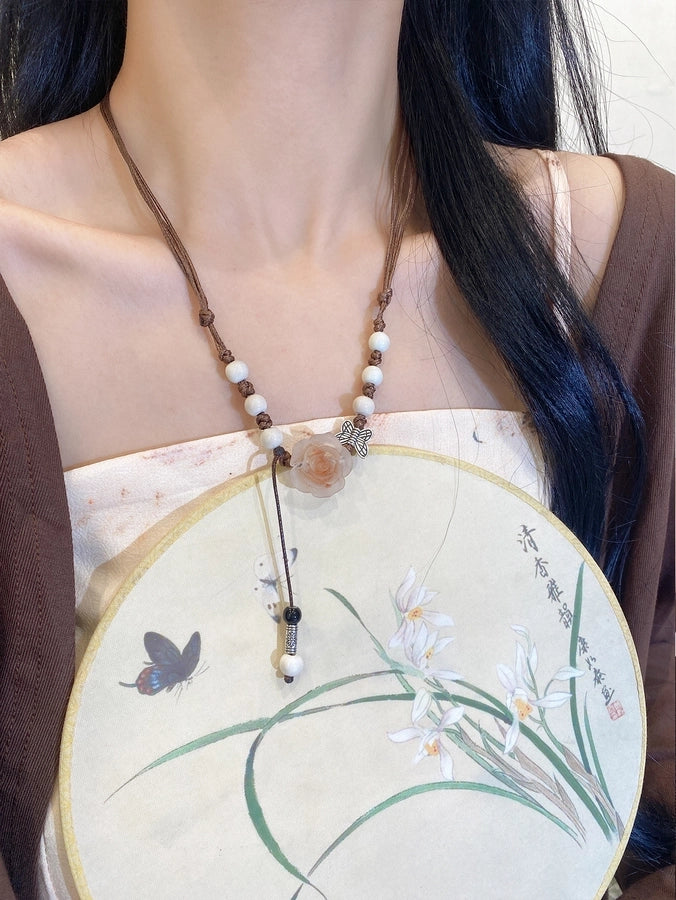 Retro Sweet Flower Synthetic Resin Fabric ceramics  Pendant Necklaces