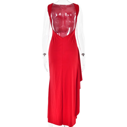 Women's Slit Dress Elegant Sexy Round Neck Backless Sleeveless Solid Color Maxi Long Dress Holiday Cocktail Party