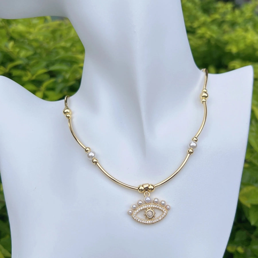 Jewelry Retro Eye Dragonfly Copper Pearl Zircon 18K Gold Plated Plating Inlay Pendant Necklace