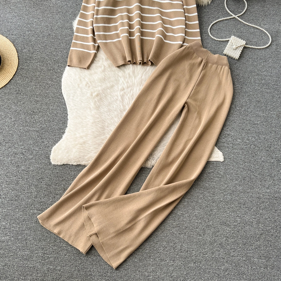 school outdoor daily women's simple style stripe simple spandex polyester knit elastic waist pants sets pants sets