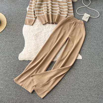 school outdoor daily women's simple style stripe simple spandex polyester knit elastic waist pants sets pants sets