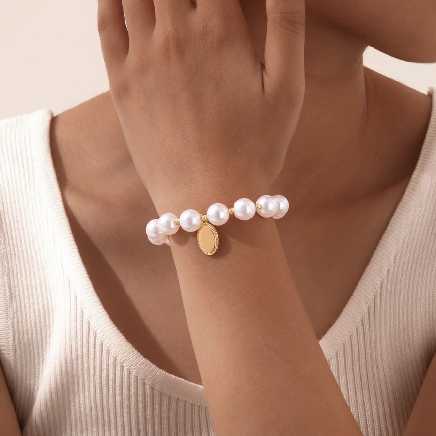 IG Style Geometric 18K Gold Plated Artificial Pearl Copper Beaded Chain Beaded Bracelets