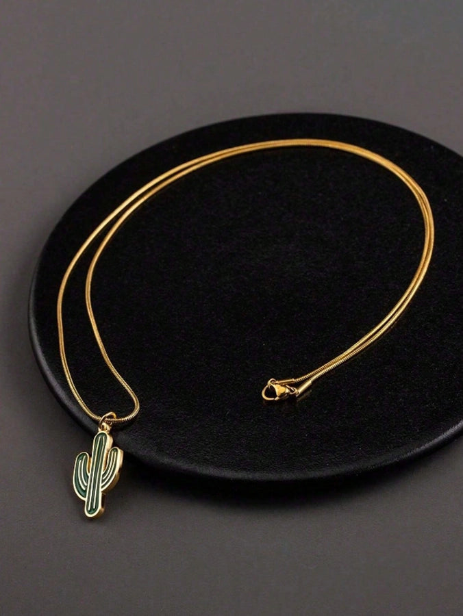 1Pc Men's Stainless Steel Gold Necklace Plant Green Cactus Pendant Necklace Unique Men's Gift Suitable for Daily Match Party Decoration Accessories