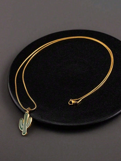 1Pc Men's Stainless Steel Gold Necklace Plant Green Cactus Pendant Necklace Unique Men's Gift Suitable for Daily Match Party Decoration Accessories