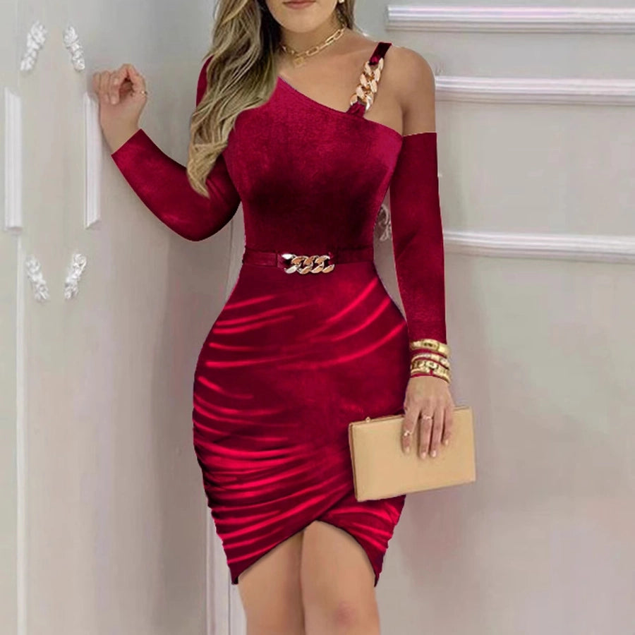 Women's Sheath Dress Elegant Oblique collar Pleated Long Sleeve Solid Color Above Knee Banquet