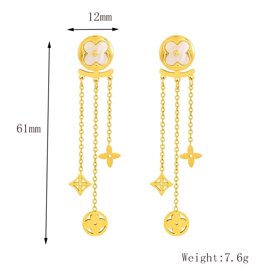 1 Pair Elegant Formal Romantic Four Leaf Clover Tassel Inlay 304 Stainless Steel Acrylic 18K Gold Plated Drop Earrings