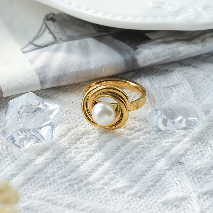 Jewelry Casual Simple Style Commute Round Rose 304 Stainless Steel Pearl 14K Gold Plated Rings