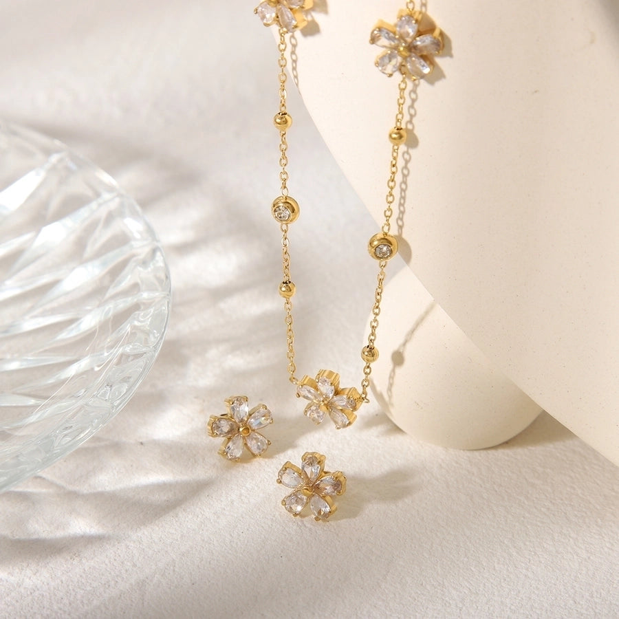 Jewelry Simple Style Commute Flower 304 Stainless Steel Zircon 18K Gold Plated Jewelry Set