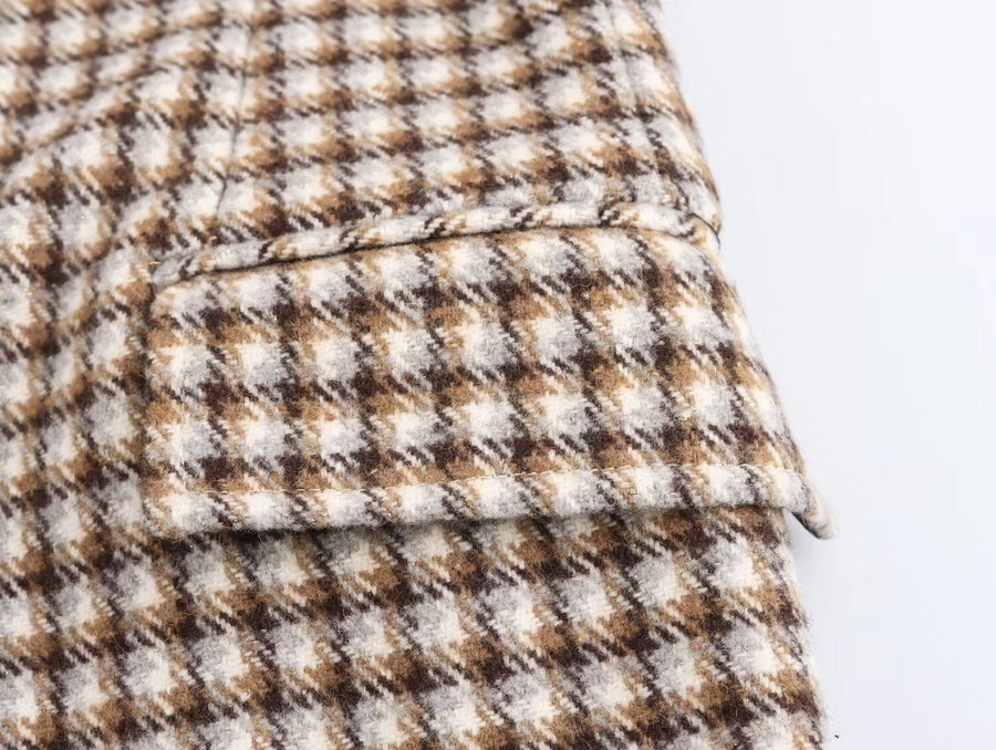 Women's Elegant Plaid Pocket Single Breasted Woolen Coat