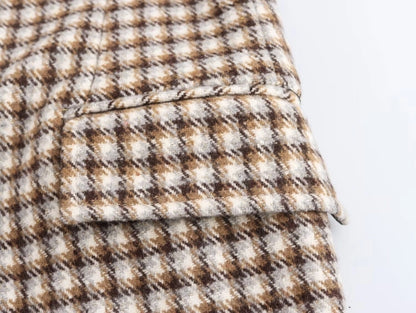Women's Elegant Plaid Pocket Single Breasted Woolen Coat