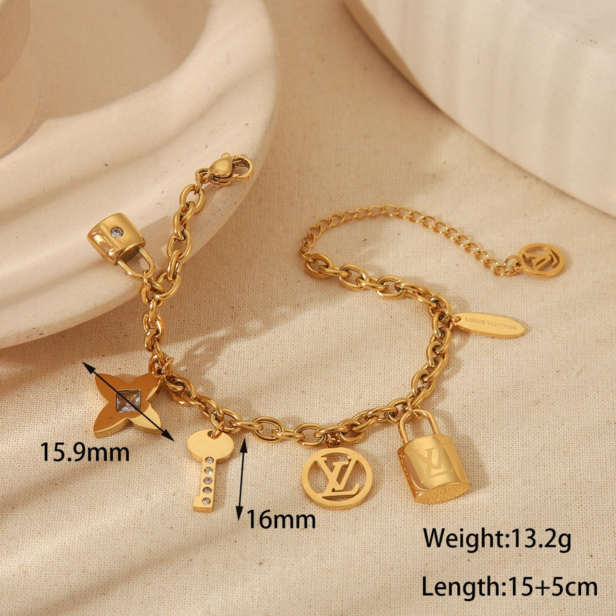 Retro Simple Style Commute Geometric 304 Stainless Steel 18K Gold Plated Zircon cable chain Bracelets In Bulk Stainless Steel Bracelets