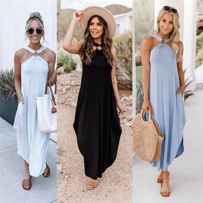 casual solid color halter neck sleeveless patchwork polyester maxi long dress irregular skirt