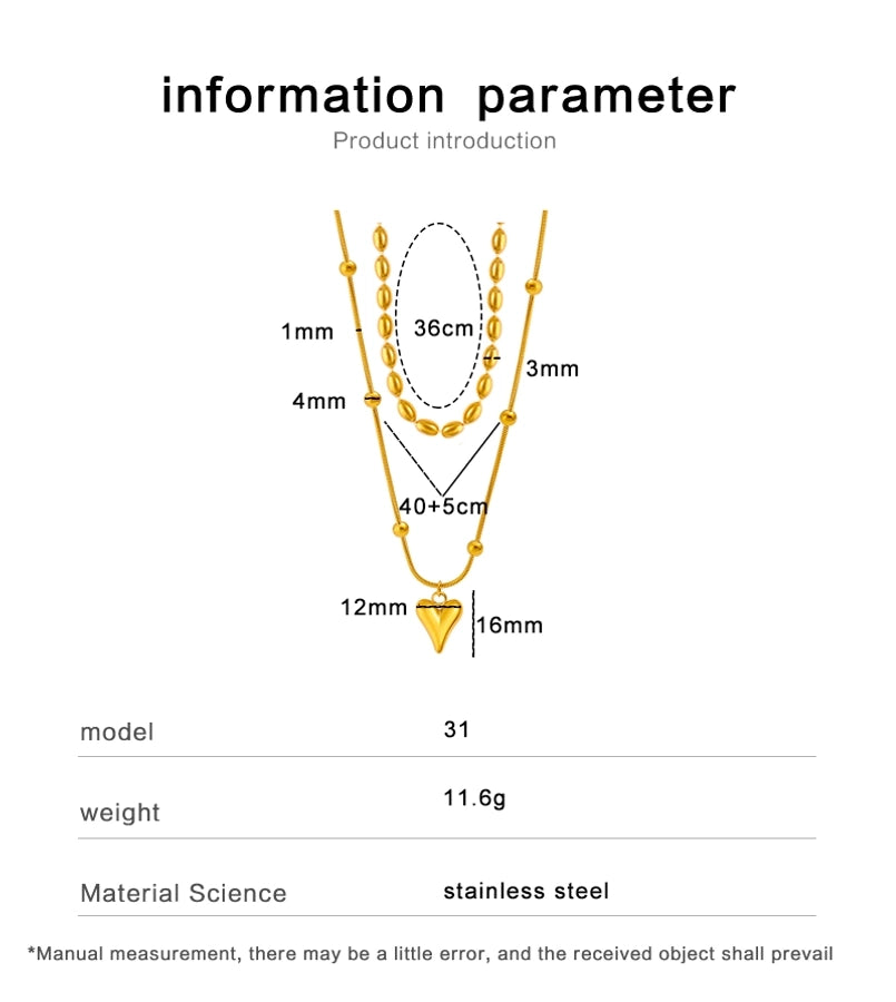 Jewelry Simple Style Heart Shape 304 Stainless Steel 18K Gold Plated Plating Double Layer Necklaces