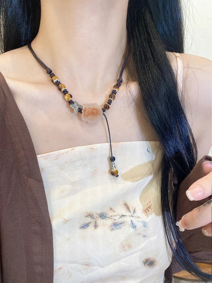 Retro Sweet Flower Synthetic Resin Fabric ceramics  Pendant Necklaces