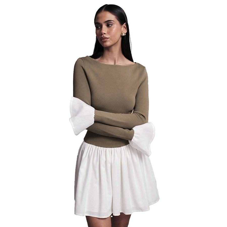 Women's Sheath Dress Streetwear Boat Neck Contrast Binding Long Sleeve Contrast Binding Above Knee Daily