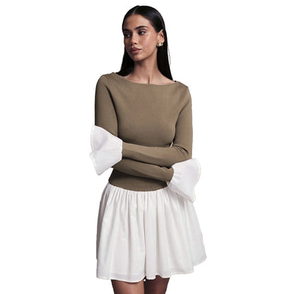Women's Sheath Dress Streetwear Boat Neck Contrast Binding Long Sleeve Contrast Binding Above Knee Daily