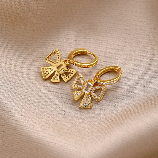 1 Pair Sweet Bow Knot Inlay Copper Zircon Drop Earrings
