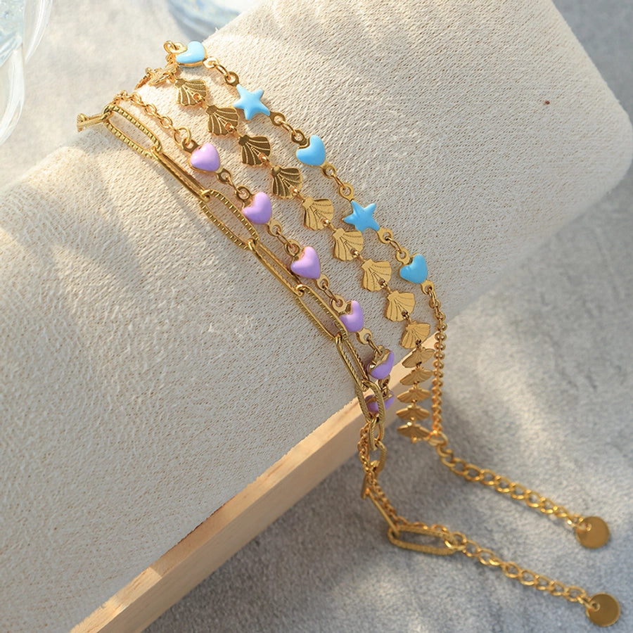 Modern Style Sweet Simple Style Star Heart Shape Shell 304 Stainless Steel 14K Gold Plated Paperclip Chain Bracelets In Bulk Stainless Steel Bracelets