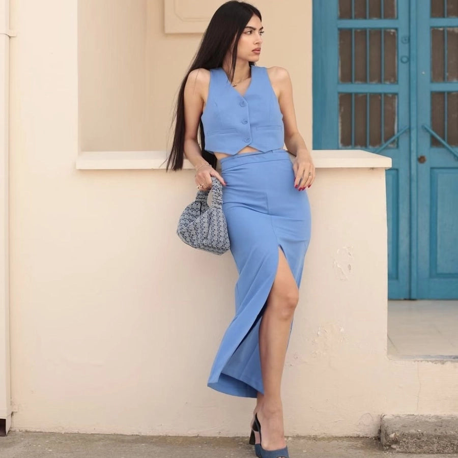 Summer Sexy Solid Color Polyester Midi Dress Skirts