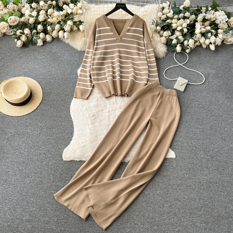 school outdoor daily women's simple style stripe simple spandex polyester knit elastic waist pants sets pants sets