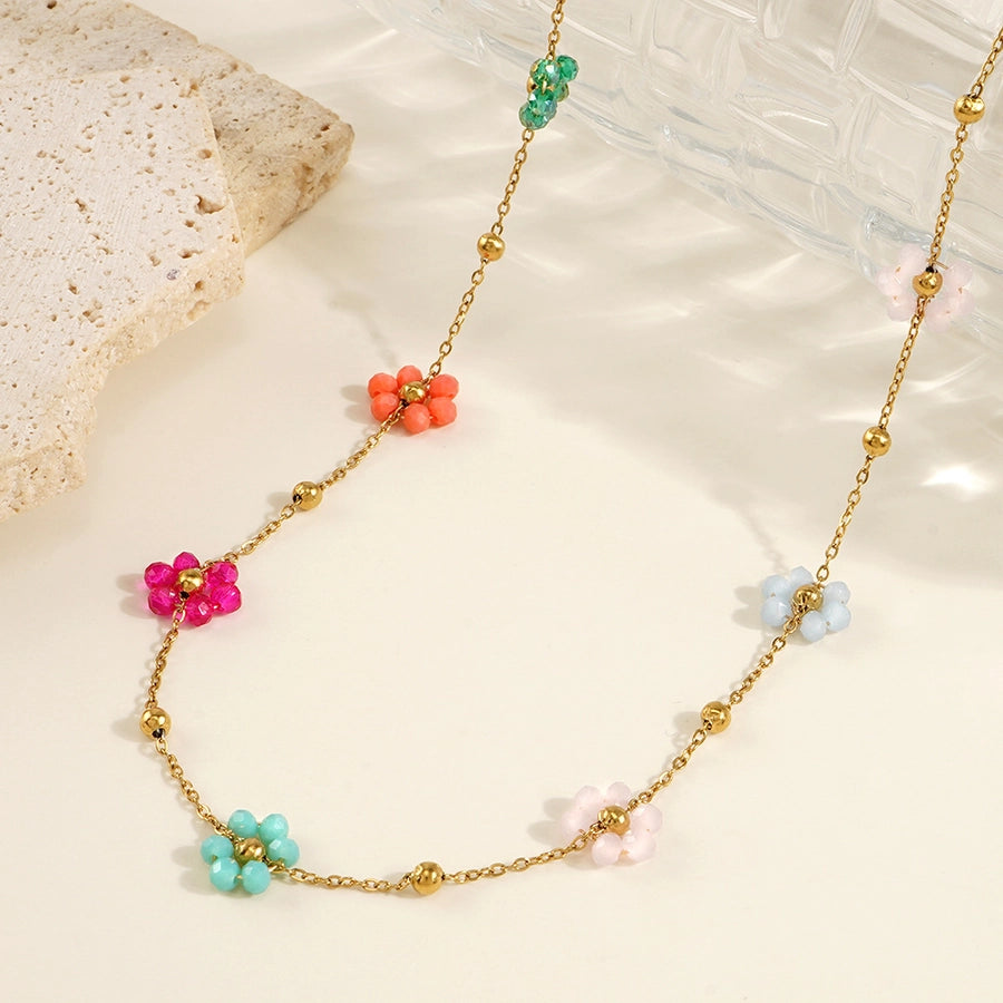 Jewelry Sweet Flower 304 Stainless Steel Artificial Crystal Necklace