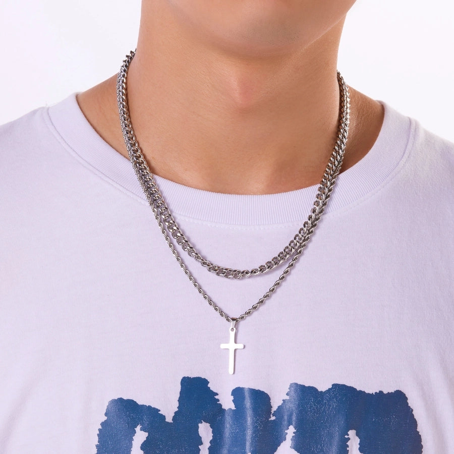 Hip-Hop Cross 201 Stainless Steel Men's Double Layer Necklaces