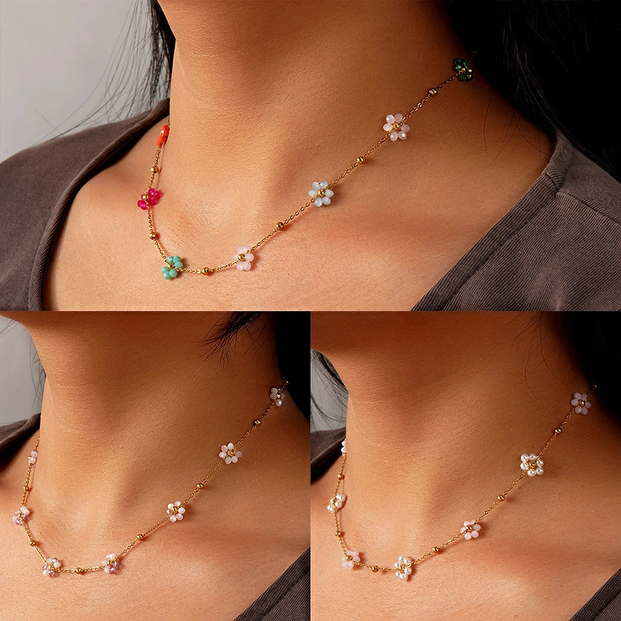 Jewelry Sweet Flower 304 Stainless Steel Artificial Crystal Necklace
