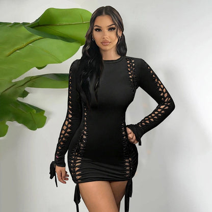 Women's Hip skirt Streetwear Round Neck Long Sleeve Solid Color Above Knee Holiday