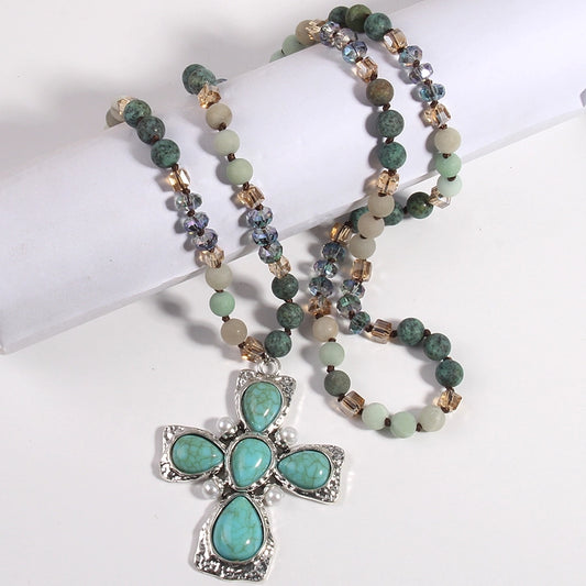Retro Bohemian Cross natural stone Beaded Chain Pendant Necklace In Bulk Natural stone necklace