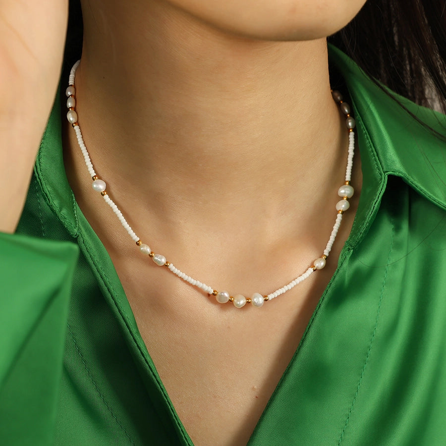 Jewelry Vintage Style Luxurious French Style Round Titanium Steel Freshwater Pearl Glass Stone 18K Gold Plated Beaded Polishing Plating Necklace