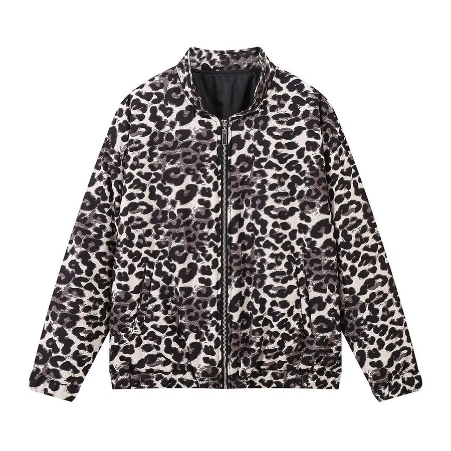 Women's Casual Leopard Zipper Coat