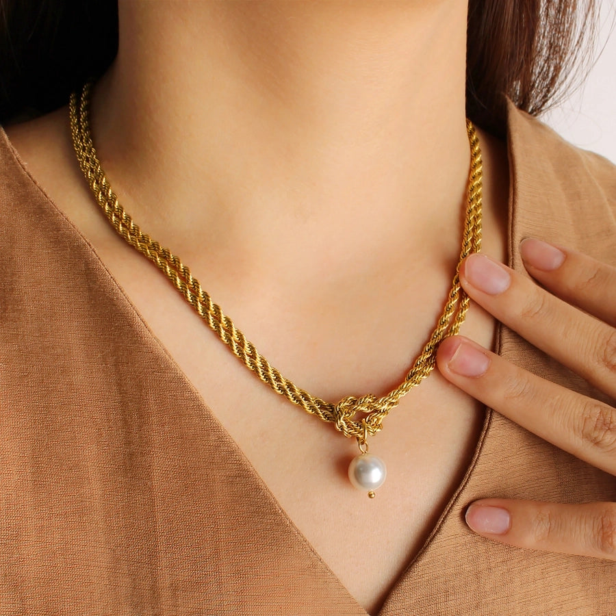 Jewelry Elegant Simple Style Twist 304 Stainless Steel Pearl 18K Gold Plated Plating Inlay Double Layer Necklaces
