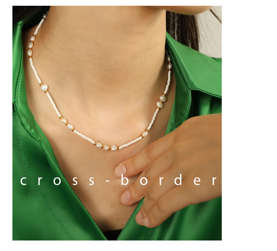 Jewelry Vintage Style Luxurious French Style Round Titanium Steel Freshwater Pearl Glass Stone 18K Gold Plated Beaded Polishing Plating Necklace