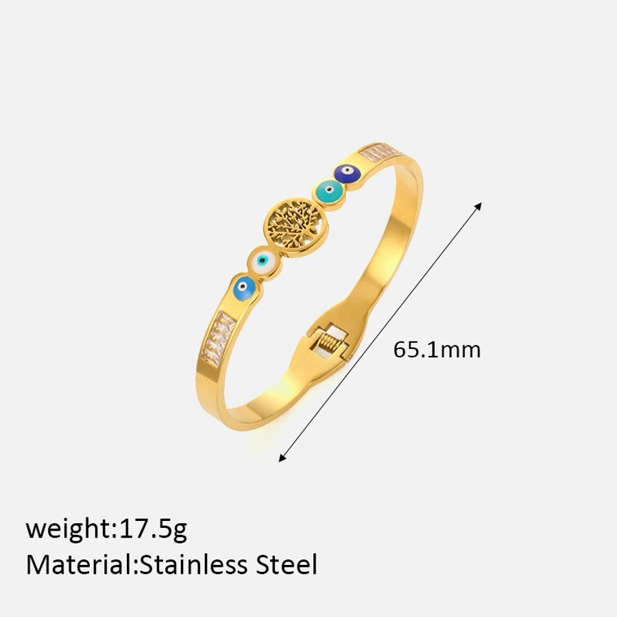 Simple Style Life Tree Eye 304 Stainless Steel 18K Gold Plated Turquoise Rhinestones Bangle In Bulk Stainless Steel Bracelets