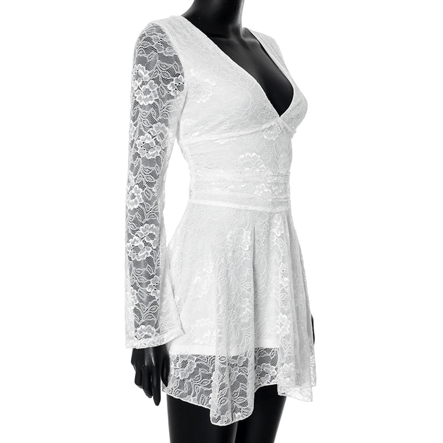 Women's A- Line Skirt Streetwear V Neck Lace Long Sleeve Solid Color Above Knee Daily