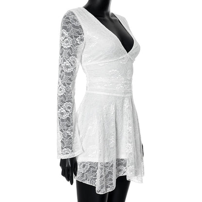 Women's A- Line Skirt Streetwear V Neck Lace Long Sleeve Solid Color Above Knee Daily