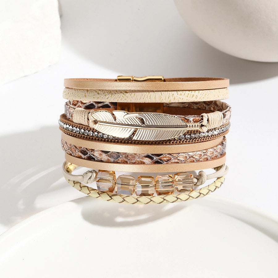 Simple Style Feather Pu Leather Woven Chain Wrap Bracelets