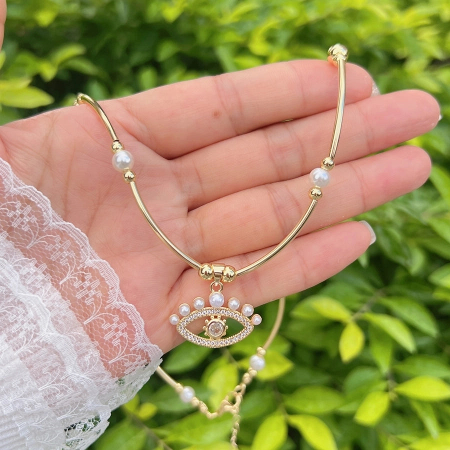 Jewelry Retro Eye Dragonfly Copper Pearl Zircon 18K Gold Plated Plating Inlay Pendant Necklace