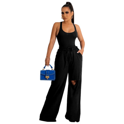 women's streetwear solid color spandex polyester twilled satin patchwork ripped pants sets