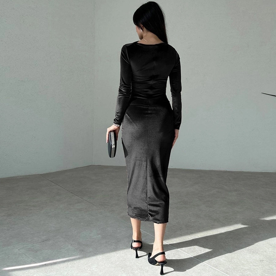 Women's Sheath Dress Casual Boat Neck Long Sleeve Solid Color Maxi Long Dress Daily