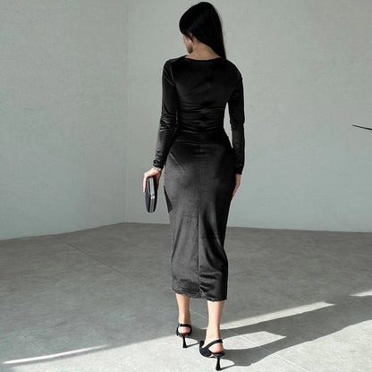 Women's Sheath Dress Casual Boat Neck Long Sleeve Solid Color Maxi Long Dress Daily