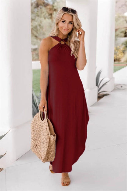 casual solid color halter neck sleeveless patchwork polyester maxi long dress irregular skirt