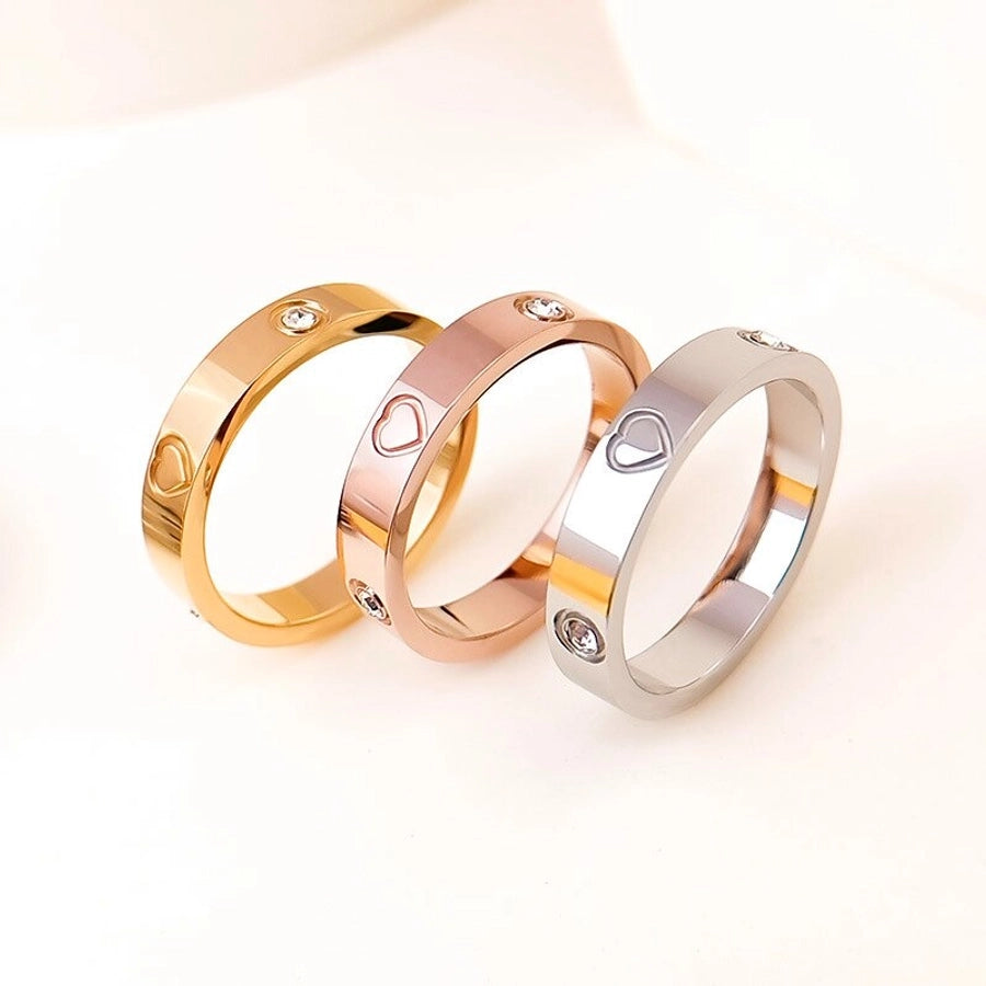 Jewelry Sweet Simple Style Heart Shape 316L Stainless Steel  Rhinestones 18K Gold Plated Inlay Rings