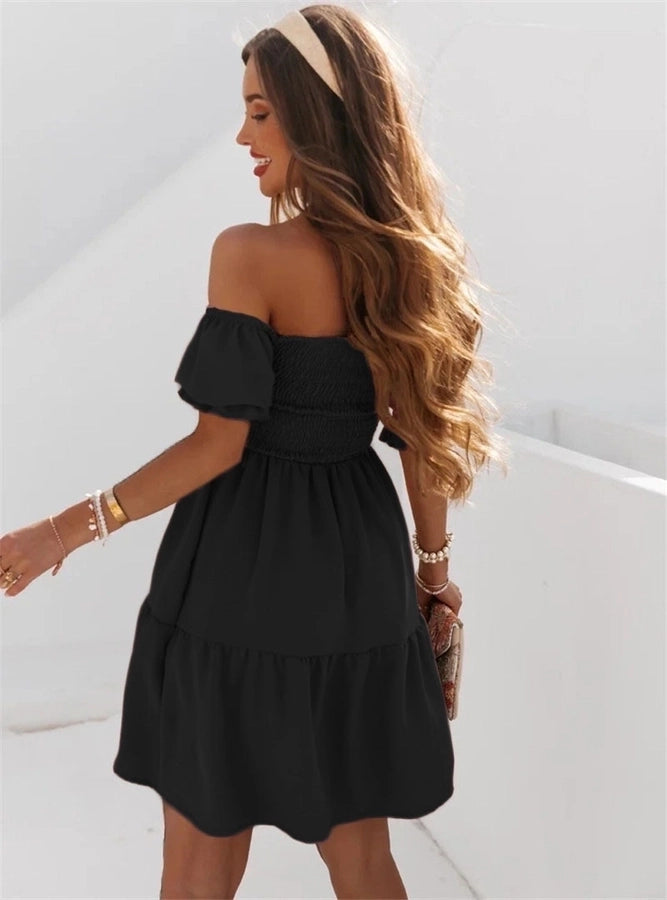 women's a-line skirt fashion boat neck patchwork short sleeve solid color above knee daily