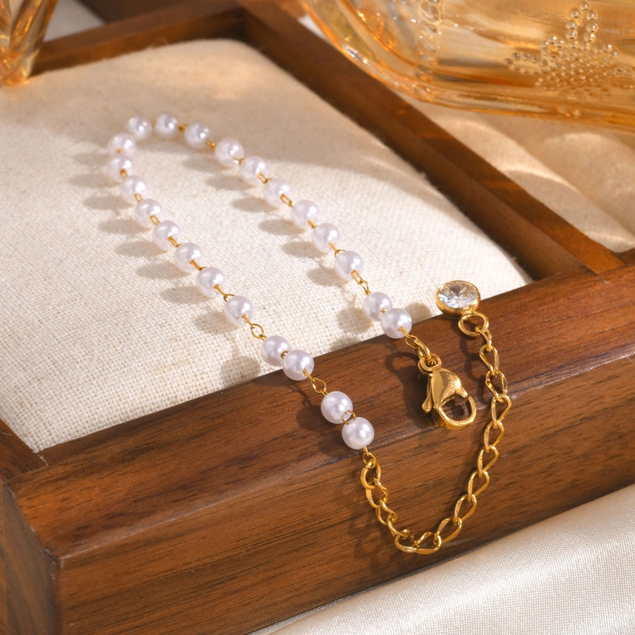 IG Style Geometric 18K Gold Plated Artificial Pearl Copper Beaded Chain Beaded Bracelets