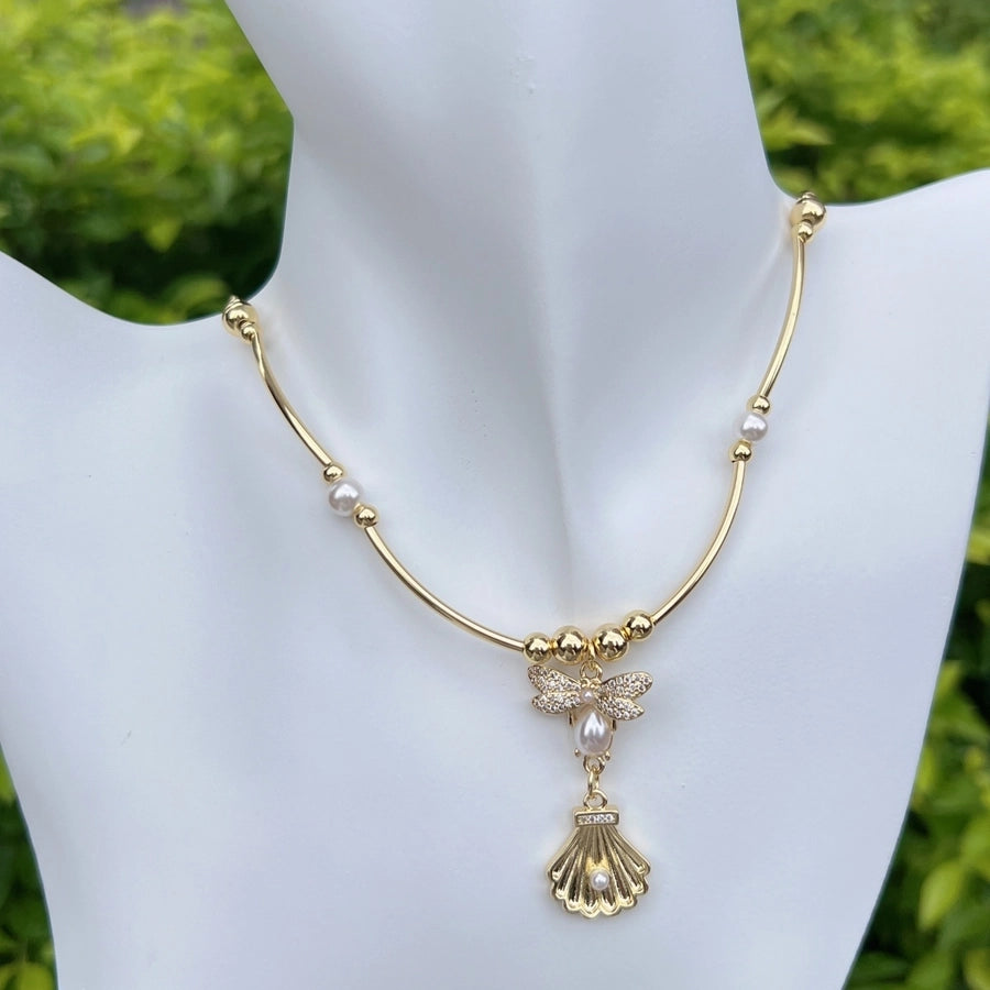 Jewelry Retro Eye Dragonfly Copper Pearl Zircon 18K Gold Plated Plating Inlay Pendant Necklace